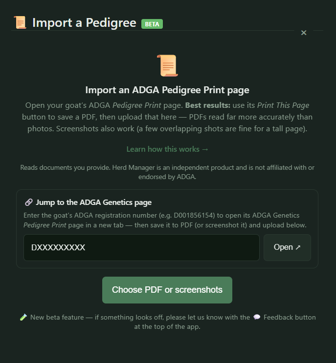 The pedigree import screen in Herd Manager, showing the registration-number quicklink and the Choose PDF or screenshots button