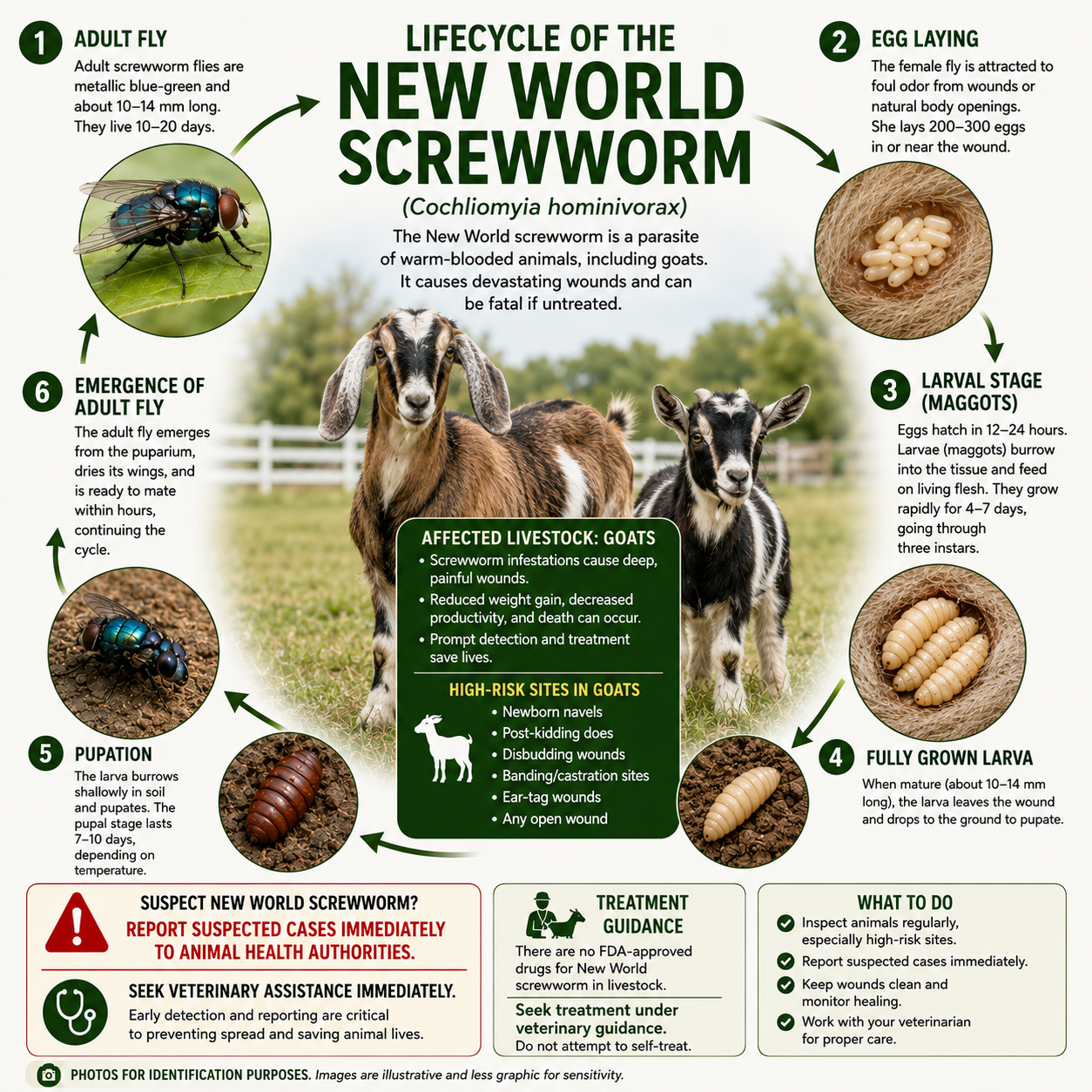 Lifecycle of the New World screwworm fly in six stages — adult fly, egg laying, larvae (maggots), fully grown larva, pupation, and emergence of the adult fly — with a panel listing high-risk wound sites in goats including newborn navels, post-kidding does, and disbudding and banding sites